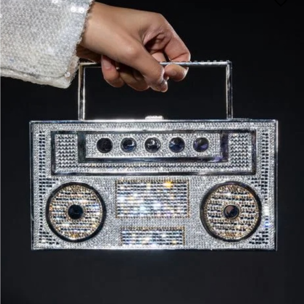 BOOM BOX RHINESTONE EMBELLISHED NOVELTY BAG In Silver AKIRA *SOLD OUT*